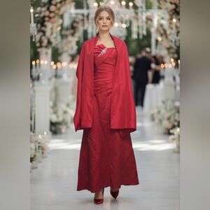 Occasion Red Satin With Matching Shawl Full Lenght Gown Small